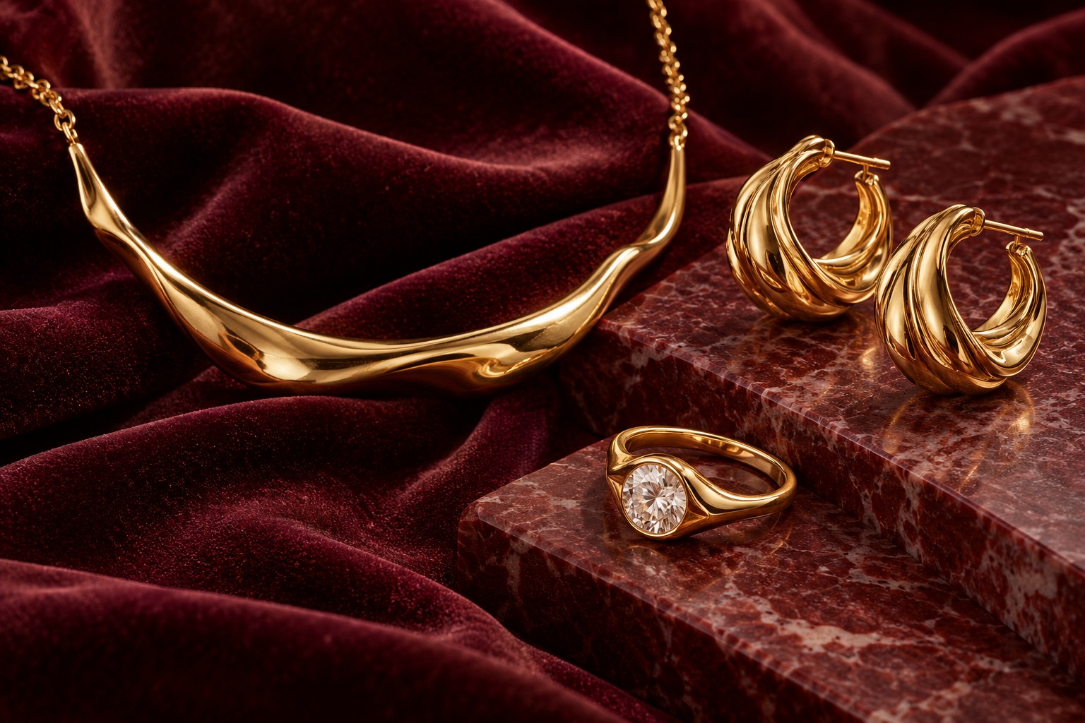 Illustrative arrangement of a gold necklace, earrings and a gemstone ring on burgundy velvet